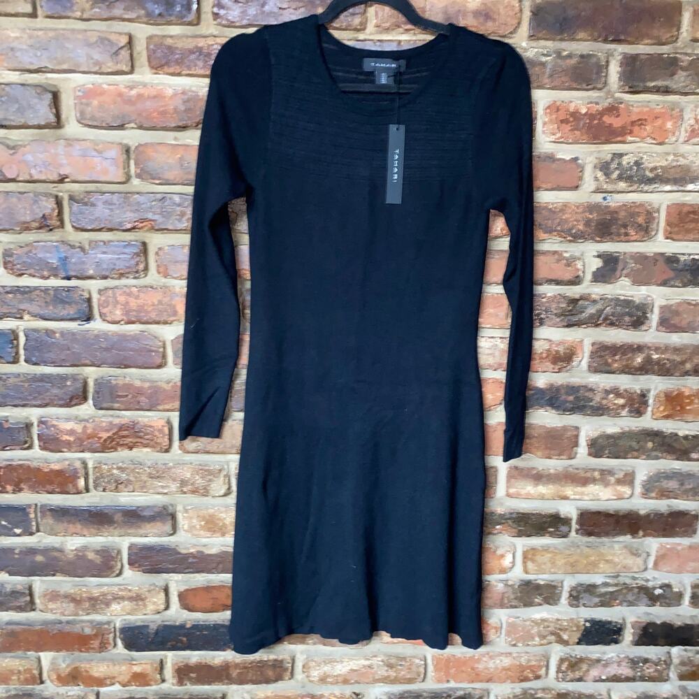 NWT Tahari Black Knit Long Sleeve Little Mini Sweater Dress Women's Size Small